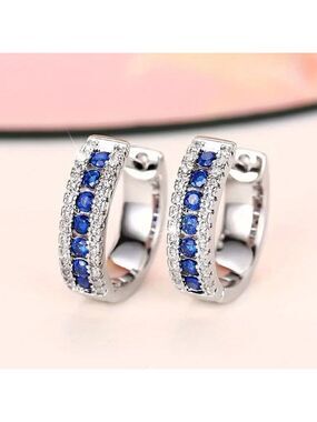 Small Huggie Earrings with Tons of Bling Blue Zircon #1412
